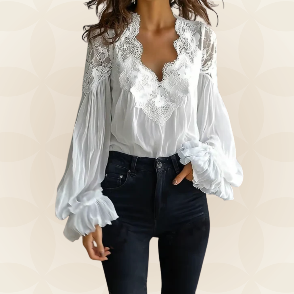 Liv - Blouse met bloemenkant en lantaarnmouwen